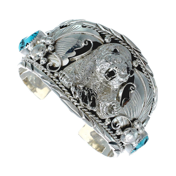Navajo Sterling Silver Turquoise Bear Leaf Cuff Bracelet AX129461