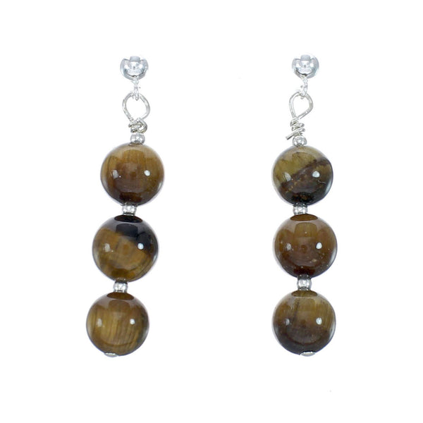 Tiger Eye Sterling Silver Navajo Bead Post Dangle Earrings AX129484