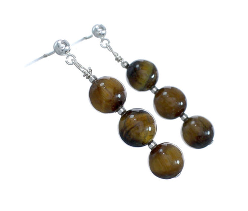 Tiger Eye Sterling Silver Navajo Bead Post Dangle Earrings AX129484