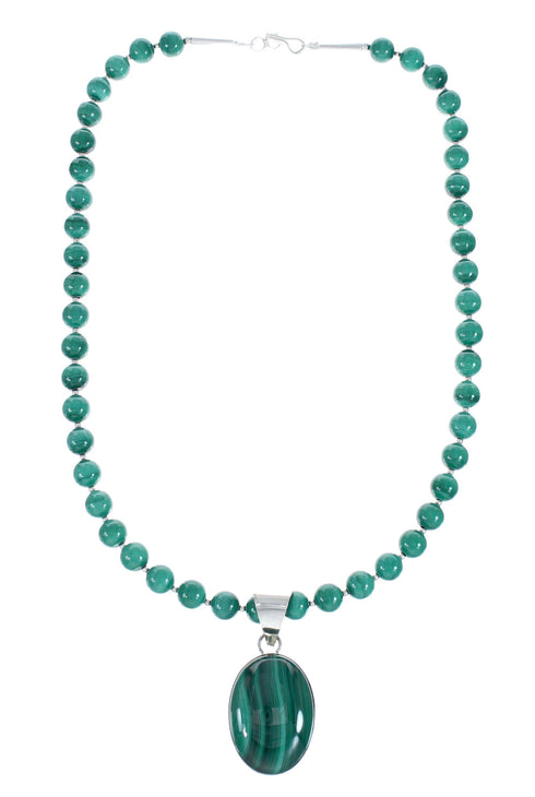 Native American Sterling Silver Malachite Bead Necklace Pendant Set JX129810