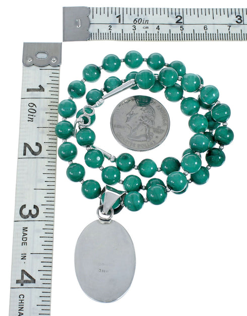 Native American Sterling Silver Malachite Bead Necklace Pendant Set JX129810