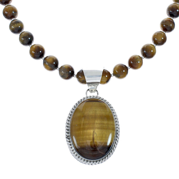 Native American Sterling Silver Tiger Eye Bead Necklace Pendant Set JX129824