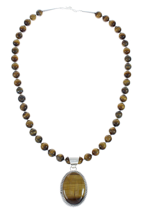 Native American Sterling Silver Tiger Eye Bead Necklace Pendant Set JX129824