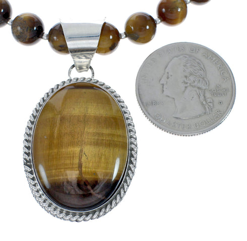 Native American Sterling Silver Tiger Eye Bead Necklace Pendant Set JX129824