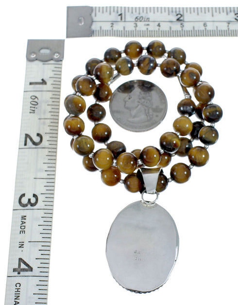 Native American Sterling Silver Tiger Eye Bead Necklace Pendant Set JX129824