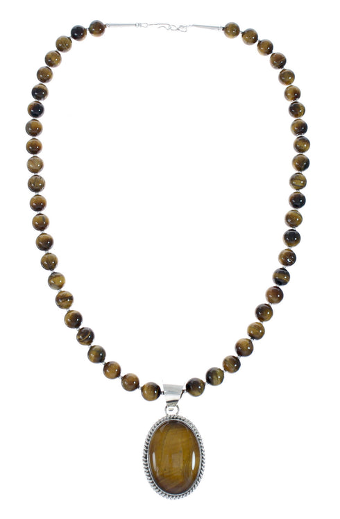 Native American Sterling Silver Tiger Eye Bead Necklace Pendant Set JX129826
