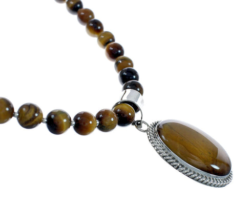 Native American Sterling Silver Tiger Eye Bead Necklace Pendant Set JX129826