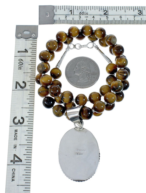 Native American Sterling Silver Tiger Eye Bead Necklace Pendant Set JX129826
