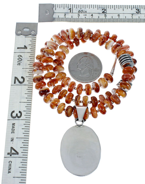 Native American Sterling Silver Oyster Shell Bead Necklace Pendant Set JX129821