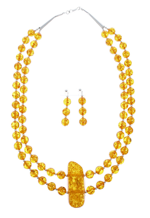 2- Strand Amber Authentic Sterling Silver Bead Necklace Earrings Set AX129494