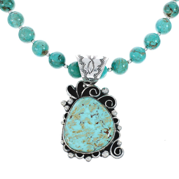 Navajo Turquoise Sterling Silver Bead Necklace And Pendant Set AX129497