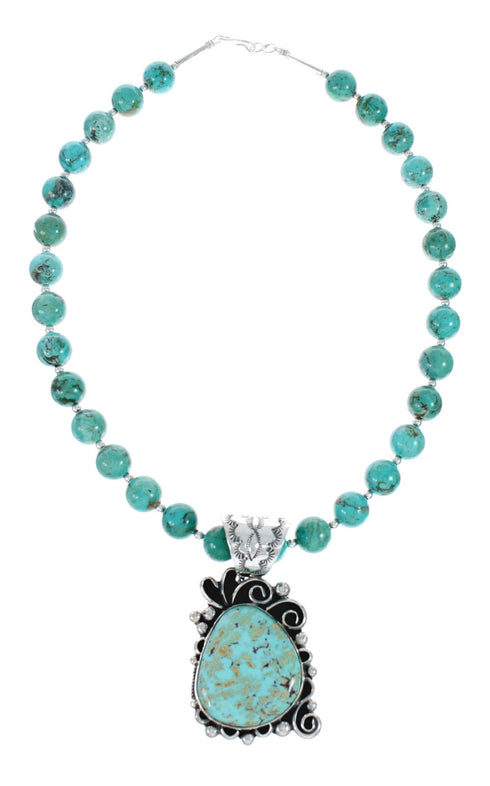 Navajo Turquoise Sterling Silver Bead Necklace And Pendant Set AX129497