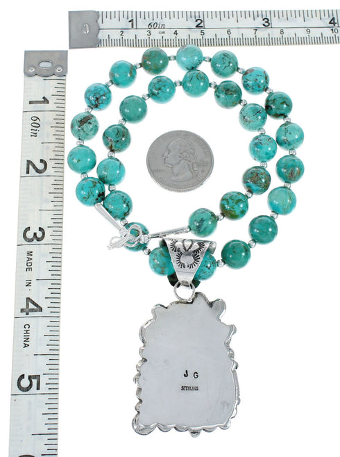 Navajo Turquoise Sterling Silver Bead Necklace And Pendant Set AX129497