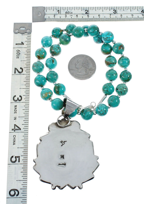 Navajo Turquoise Sterling Silver Bead Necklace And Pendant Set AX129498