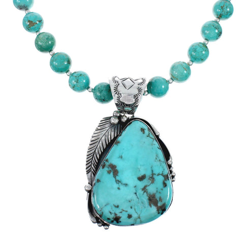 Navajo Turquoise Sterling Silver Leaf Bead Necklace And Pendant Set AX129499