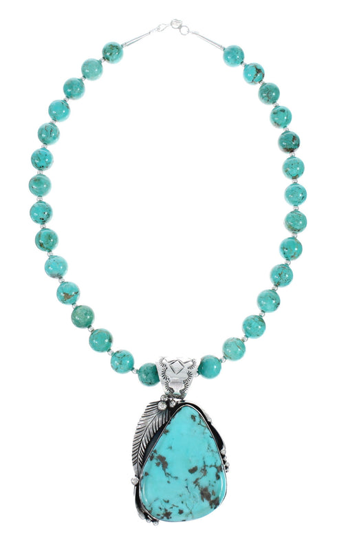 Navajo Turquoise Sterling Silver Leaf Bead Necklace And Pendant Set AX129499