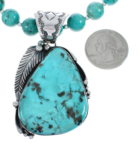 Navajo Turquoise Sterling Silver Leaf Bead Necklace And Pendant Set AX129499