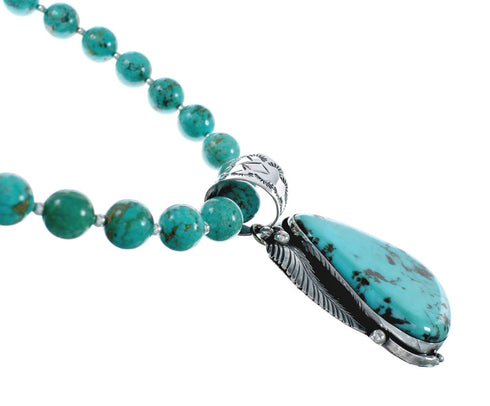 Navajo Turquoise Sterling Silver Leaf Bead Necklace And Pendant Set AX129499