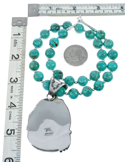 Navajo Turquoise Sterling Silver Leaf Bead Necklace And Pendant Set AX129499