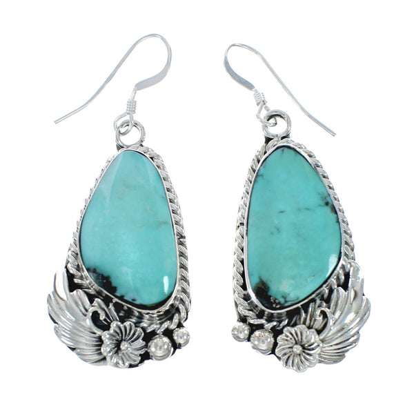 Navajo Turquoise Genuine Sterling Silver Scalloped Leaf Hook Dangle Earrings AX129506