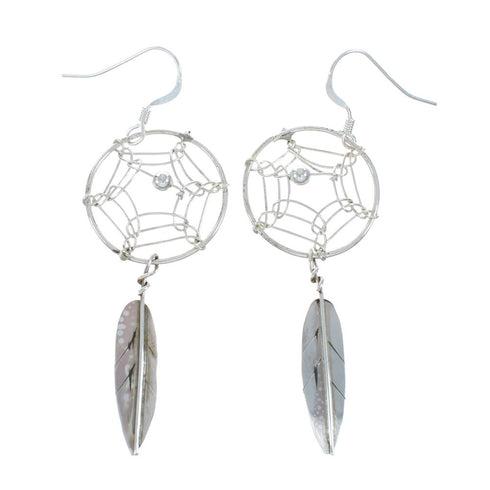 Navajo Sterling Silver Dream Catcher Feather Hook Dangle Earrings AX129514