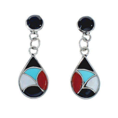 Zuni Multistone Inlay Sterling Silver Post Dangle Earrings AX129515