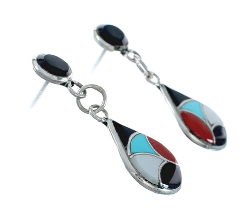 Zuni Multistone Inlay Sterling Silver Post Dangle Earrings AX129515