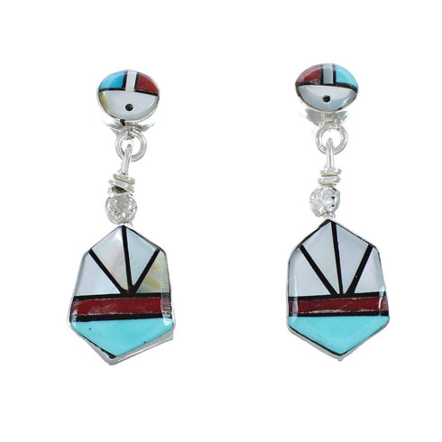 Sterling Silver Zuni Multicolor Inlay Sun Post Dangle Earrings AX129522
