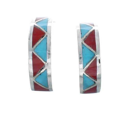 Turquoise And Coral Zuni Sterling Silver Post Hoop Earrings AX129523