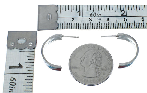 Turquoise And Coral Zuni Sterling Silver Post Hoop Earrings AX129523