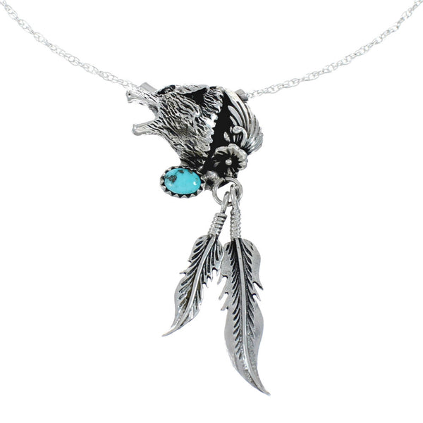 Navajo Turquoise Wolf Pendant And 18" Italian Rope Chain Necklace AX129528