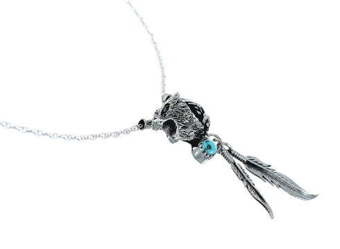 Navajo Turquoise Wolf Pendant And 18" Italian Rope Chain Necklace AX129528