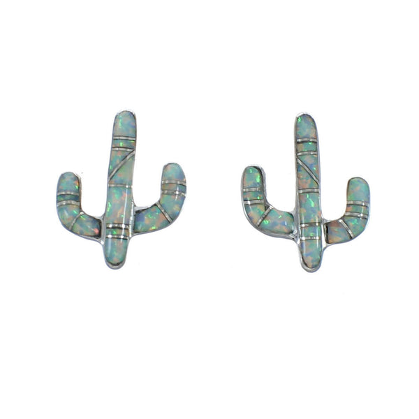 Southwest Sterling Silver Opal Inlay Cactus Post Stud Earrings AX129935