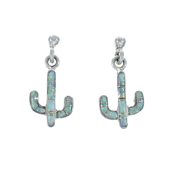 Southwest Sterling Silver Opal Inlay Cactus Post Dangle Earrings AX129944