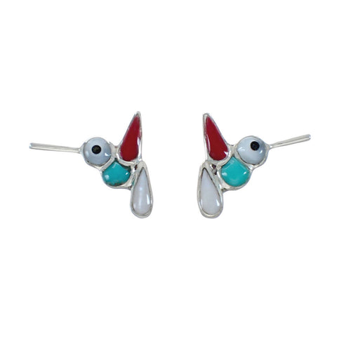 Multicolor Inlay Sterling Silver Hummingbird Post Earrings AX129964
