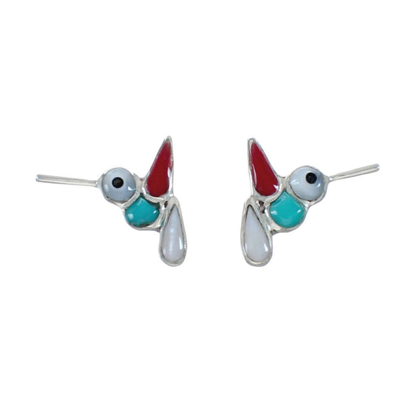 Multicolor Inlay Sterling Silver Hummingbird Post Earrings AX129964