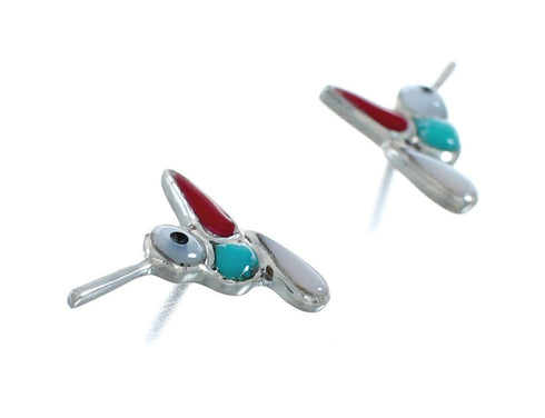 Multicolor Inlay Sterling Silver Hummingbird Post Earrings AX129964