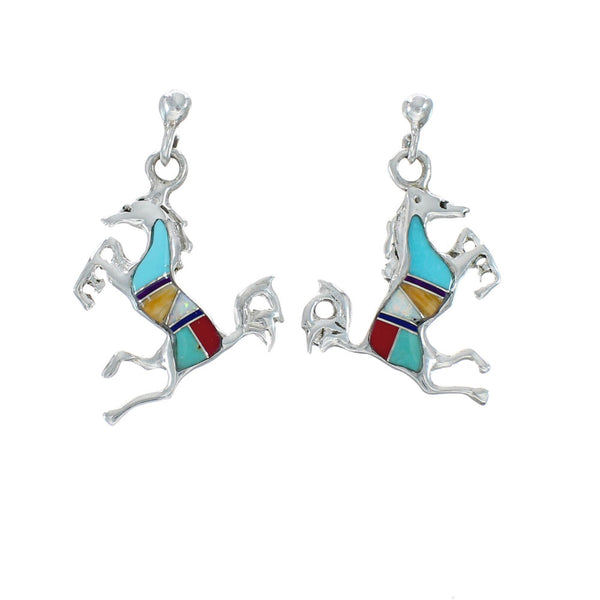Multicolor Inlay Sterling Silver Horse Post Dangle Earrings AX129975