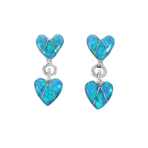 Blue Opal Sterling Silver Heart Inlay Post Dangle Earrings AX129984