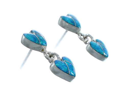 Blue Opal Sterling Silver Heart Inlay Post Dangle Earrings AX129984