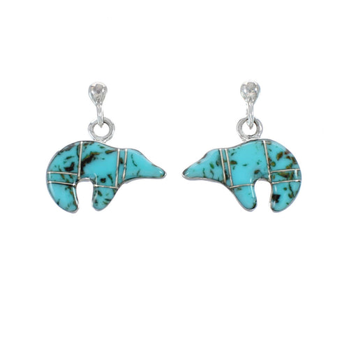 Turquoise Inlay Sterling Silver Bear Post Dangle Earrings AX129994