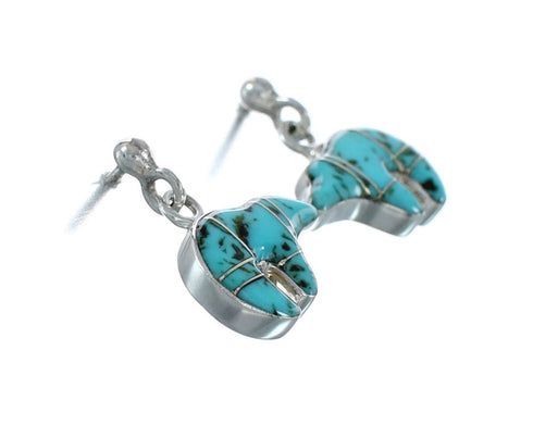 Turquoise Inlay Sterling Silver Bear Post Dangle Earrings AX129994