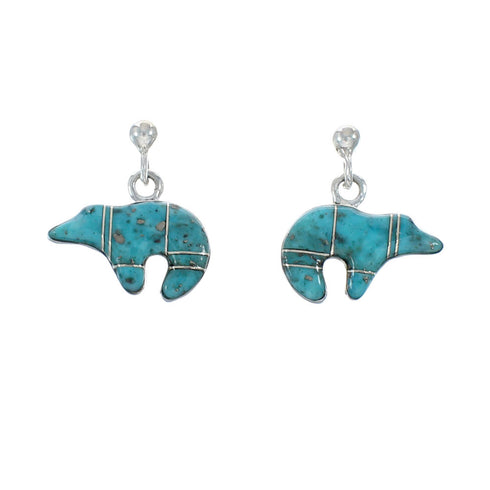 Turquoise Inlay Sterling Silver Bear Post Dangle Earrings AX129996