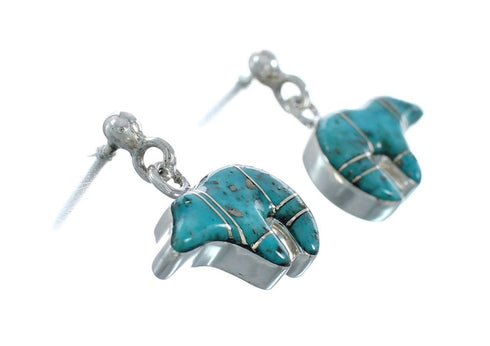 Turquoise Inlay Sterling Silver Bear Post Dangle Earrings AX129996
