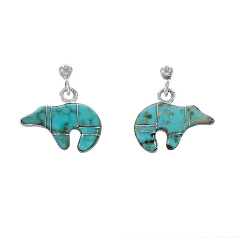 Turquoise Inlay Sterling Silver Bear Post Dangle Earrings AX129997