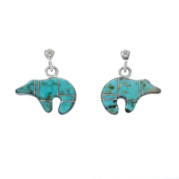 Turquoise Inlay Sterling Silver Bear Post Dangle Earrings AX129997