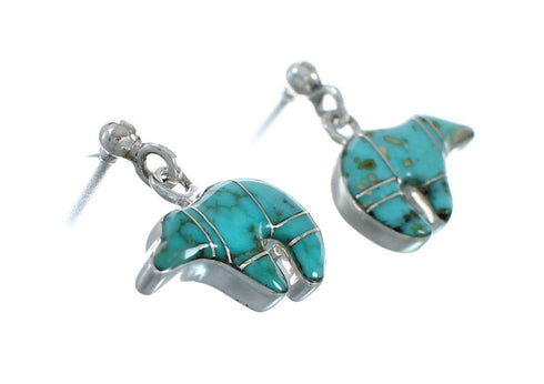 Turquoise Inlay Sterling Silver Bear Post Dangle Earrings AX129997