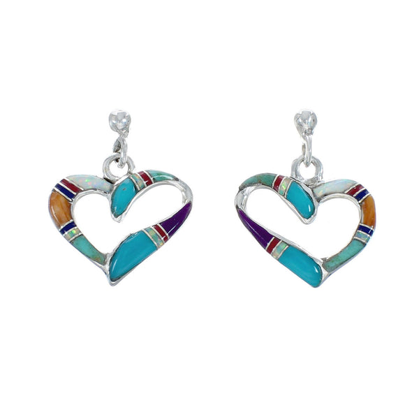 Multicolor Inlay Sterling Silver Heart Post Dangle Earrings AX130011