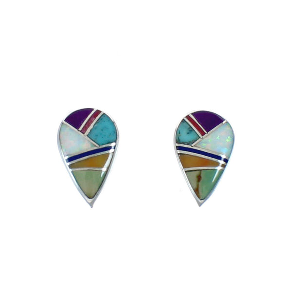 Genuine Sterling Silver Multicolor Inlay Post Earrings JX129627