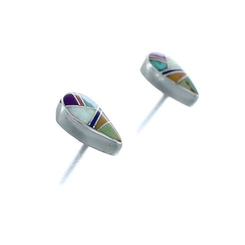 Genuine Sterling Silver Multicolor Inlay Post Earrings JX129627